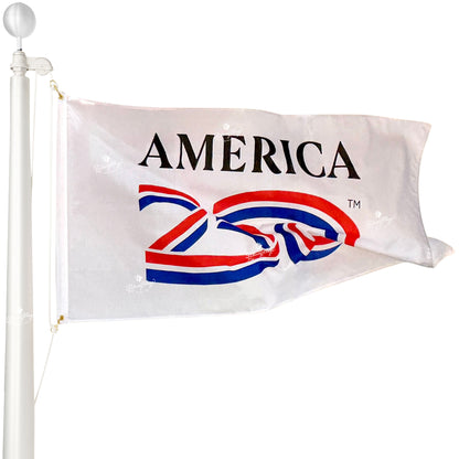 America 250 logo flag polycotton 3x5 feet white field with red and blue official semiquincentennial design