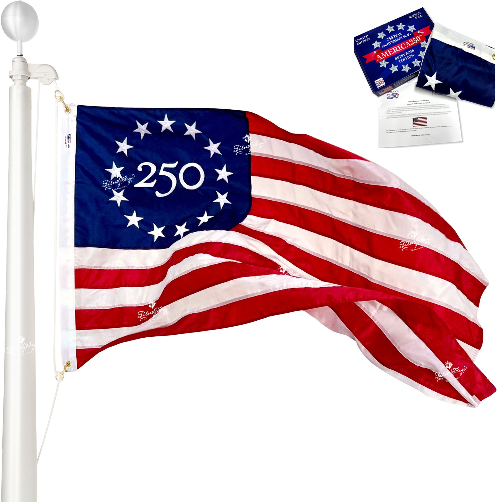 Limited Edition Betsy Ross America 250 flag with commemorative box and certificate of authenticity