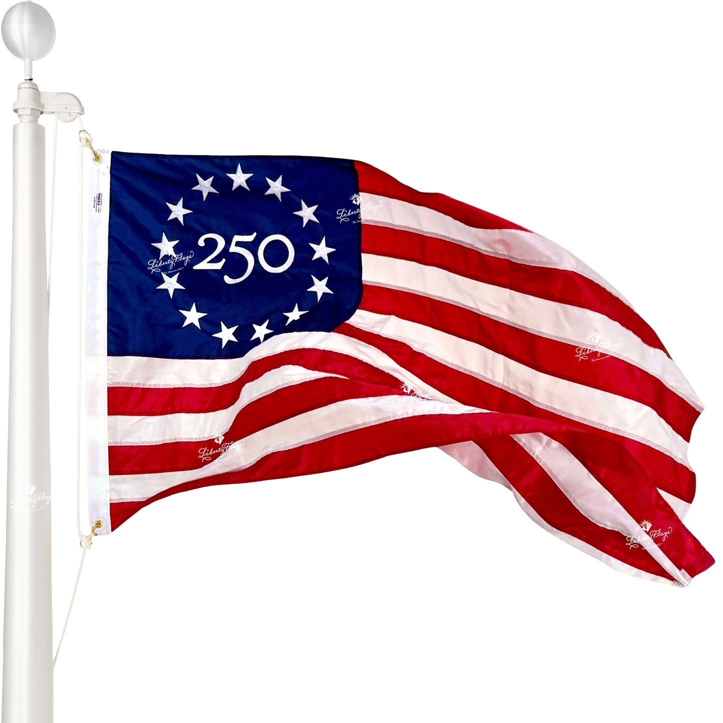 Embroidered Betsy Ross 250 anniversary flag with 13 stars and period-inspired 250 design