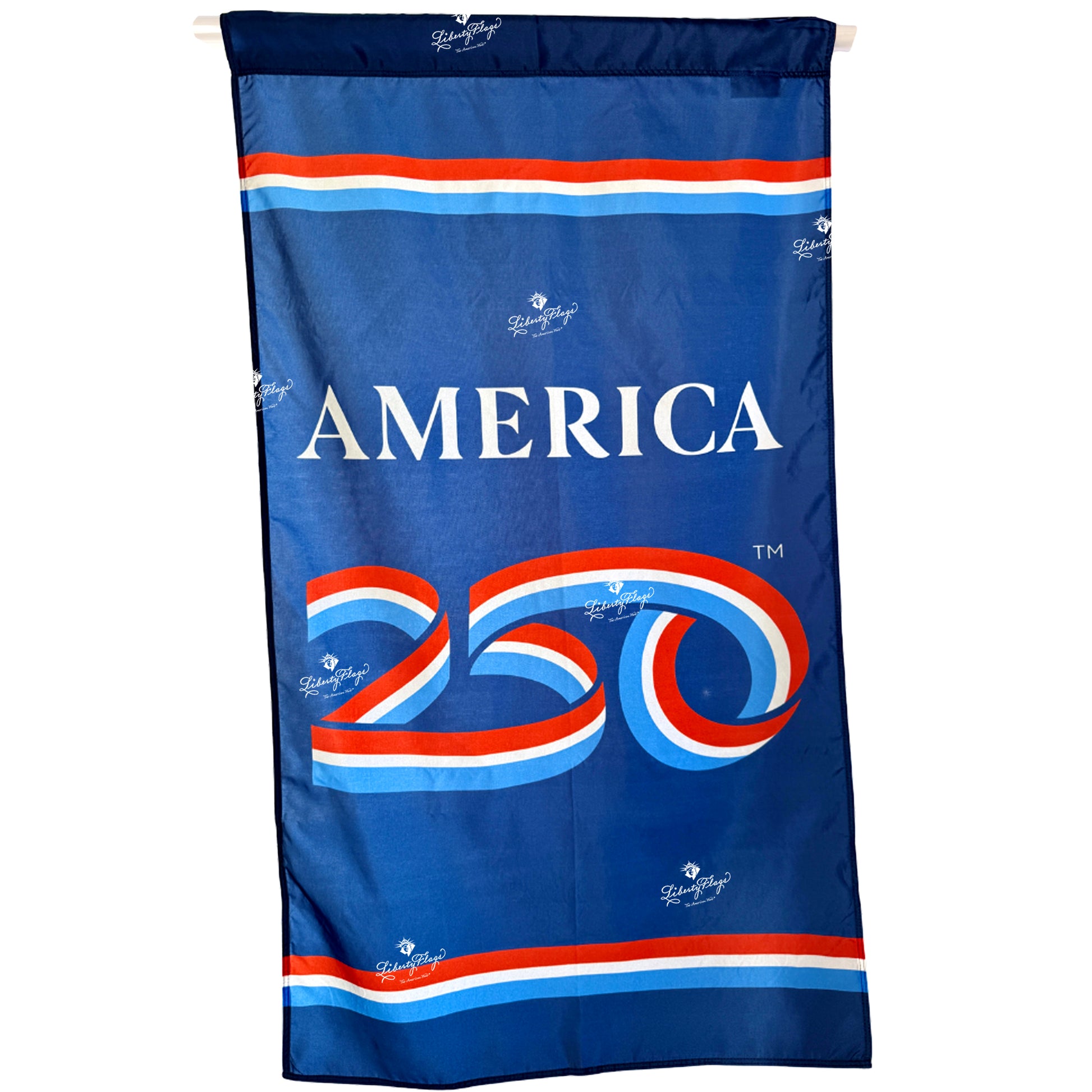 America 250 logo banner in red white and blue hanging vertically