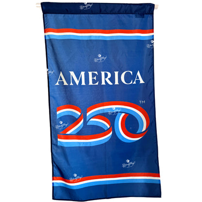 America 250 logo banner in red white and blue hanging vertically