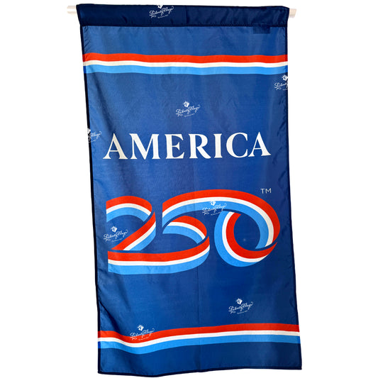America 250 logo banner in red white and blue hanging vertically