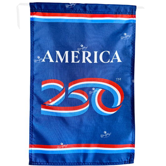 America 250 logo garden flag 12x18 inches displayed vertically - garden stand not included