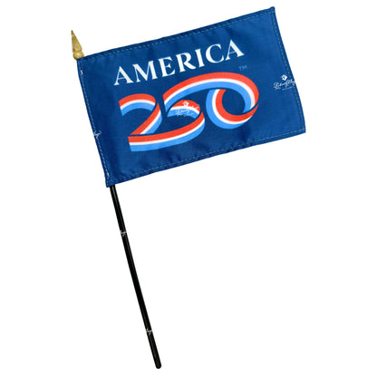 America 250 Logo Small Flag, 4"x6" flag on 10" black plastic staff with gilt spear ornament topper