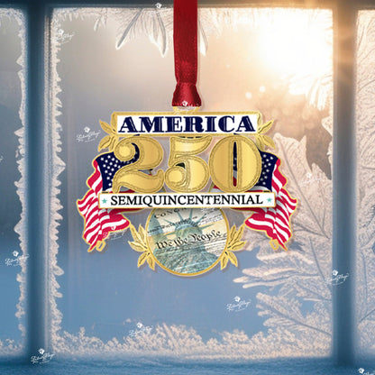 250 Years of America keepsake ornament displayed in a window - with patriotic design of US flags, Constitution, Statue of Liberty