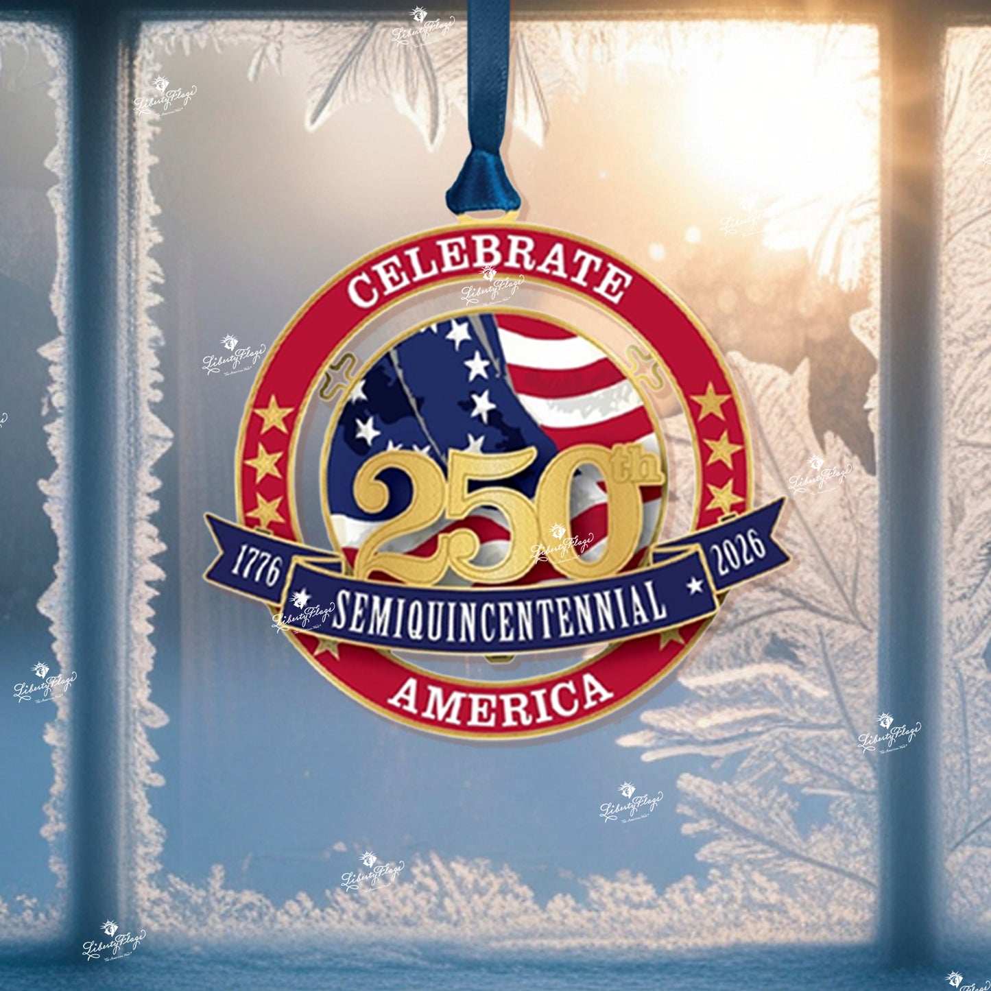 Celebrate America 250 ornament displayed in window - features Betsy Ross flag design