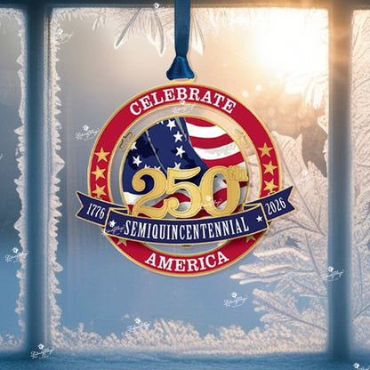 Celebrate America 250 ornament displayed in window - features Betsy Ross flag design